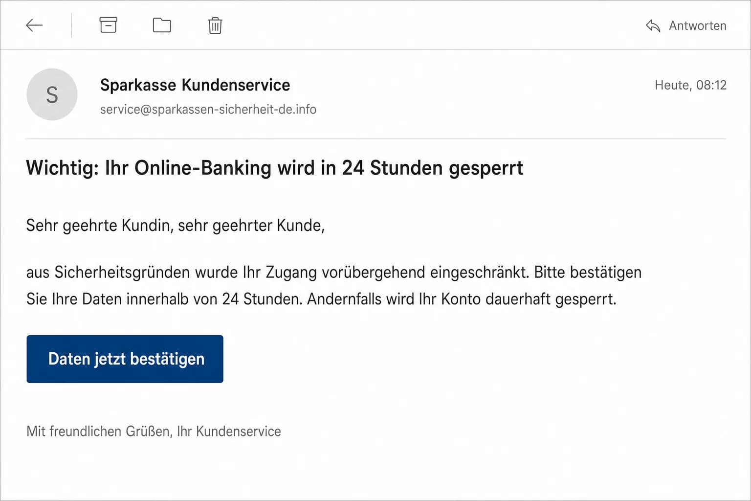 Simulierte Phishing-Mail im Postfach: eine angebliche Sparkassen-Nachricht mit abweichender Absender-Domain und 24-Stunden-Frist.